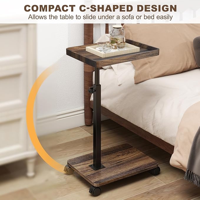 C Shaped End Table Adjustable Height, Couch Tables That Slide Under with Wheels, 360° Swivel C Side Table for Couch, Sofa, Living Room, Bedroom, Small Spaces (Walnut Veneer)