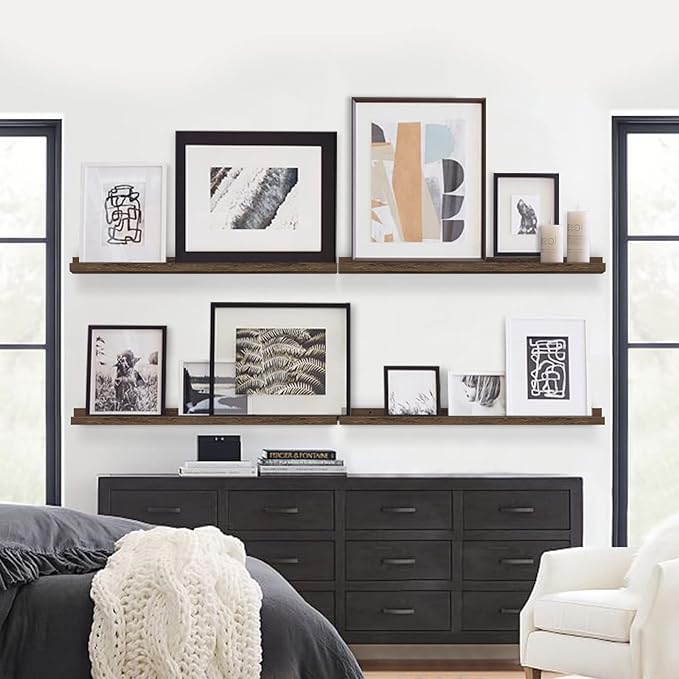 Forbena 36 Inch Long Picture Ledge Shelf, Wooden Floating Shelves for Wall with Lip, Dark Brown Wall Mounted Bookshelf Bookshelves for Living Room Bedroom Office Books Photos (Real Wood, Set of 4)