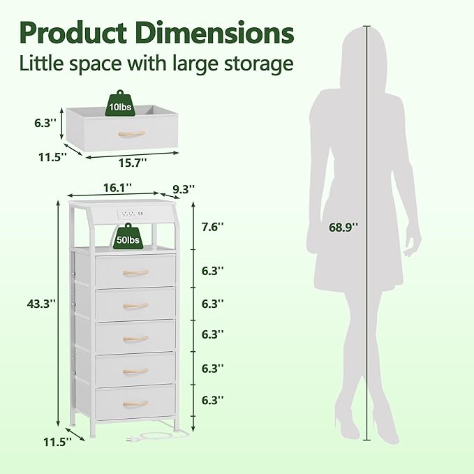 Furnulem 5 Drawers Dresser with Charging Station, Tall Night Stand with Open Shelf, Storage Tower with PVC & Fabric Drawer, Bedside Table for Bedroom, Closet, Entryway, 3 Ways to Use, White