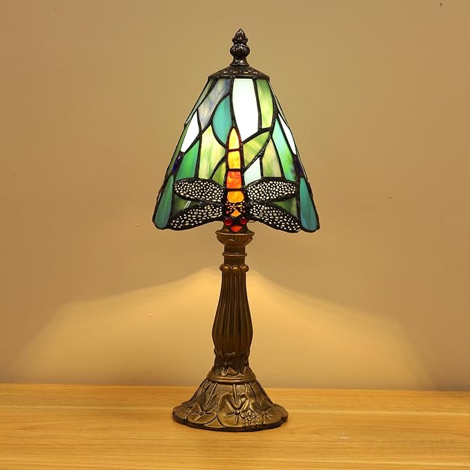 Tiffany Small Lamp Blue Dragonfly Stained Glass Bedside Nightstand Table Lamp,3-Way Color Temperature Handcrafted Lamps for Living Room Bedroom+ LED Bulb,Gifts for Home Decor,6X6X13Inch