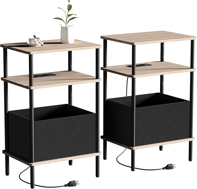 Small Side Table with Charging Station, Set of 2 End Table for Small Spaces, Slim Nightstand with Outlet,Sofa Beside Table, 3-Tier Storage Shelf,Living Room, Bed Room, Natrual Walnut