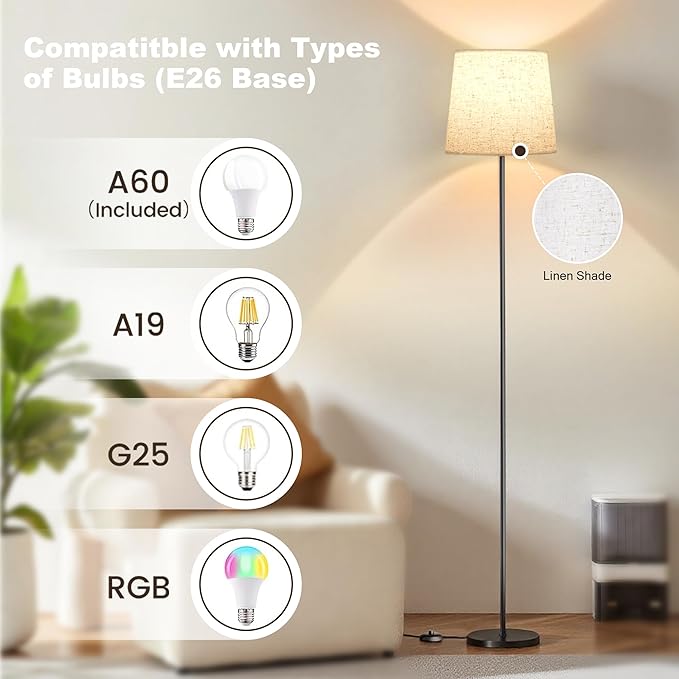 Floor Lamp with Linen Shade - 62" Tall LED Standing Lamp with Foot Switch, 3 Color Temps, 9W E26 Bulb Included, Black Floor Reading Light Corner Lamp for Living Room Bedroom Office Dorm