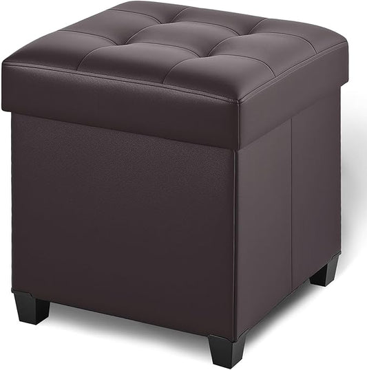 17.7" Square Ottoman with Storage, Storage Ottoman Foot Stool with Lid & Solid Wood Legs, Leather Ottomans for Living Room, Bedroom, Dorm, Brown