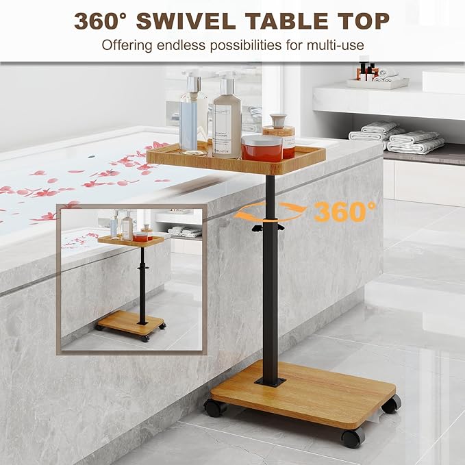 C Shaped End Table Adjustable Height, Couch Tables That Slide Under with Wheels, 360° Swivel C Side Table for Couch, Sofa, Living Room, Bedroom, Small Spaces (Wooden Veneer)
