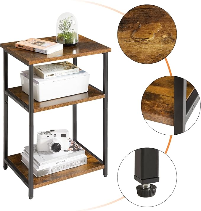 IBUYKE Side Table,3-Tier End Table, Industrial Nightstand Small Table with Storage Shelf, for Bedroom, Living Room, Hallway, Rustic Brown UTMJ402H