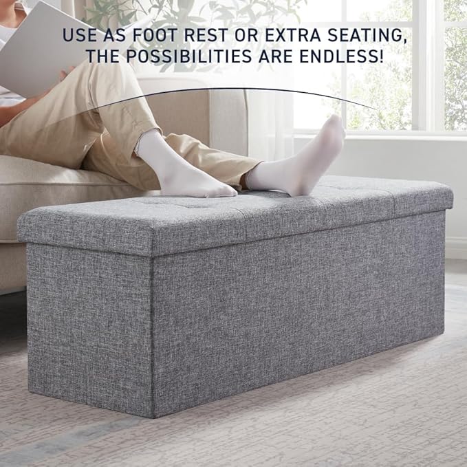Ornavo Home 43 Inch Folding Storage Ottoman, Long Large Storage Ottoman Chest, Foot Rest Stool, Bedroom Bench - (Gray)