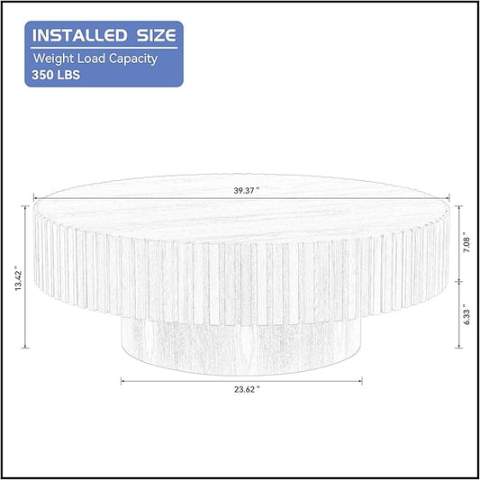 39.37'' Black Round Coffee Table for Living Room, Modern Wood Nesting Coffee Table Handcraft Circle Fluted Drum Coffee Table, Easy Assembly