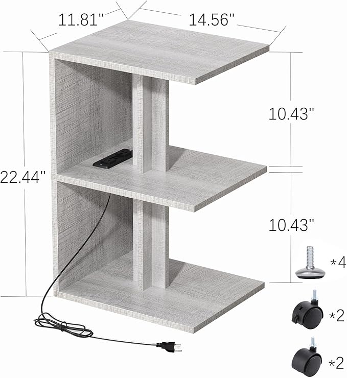 1 Pack Night Stand with Charging Station, Small Side Table for Couch, USB Ports and Outlet, End Table with 3-Layer Storage Shelves for Small Spaces, Living Room, Bedroom, Bedside (Gray)