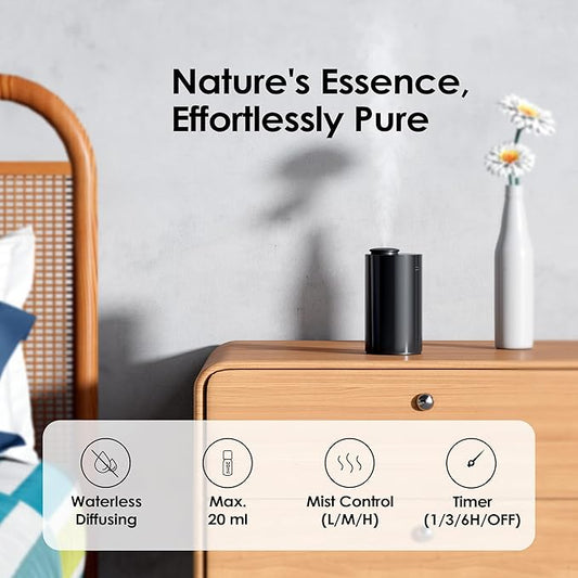 Waterless Diffuser for Essential Oil, Battery Operated Nebulizer, 0.7 Fl.Oz./ 20mL Capacity, Mini Scent Air Machine, 3 Countdown Timers & 3 Mist Levels for Home, Room, Car, Office, AN6 + Extra Nozzle
