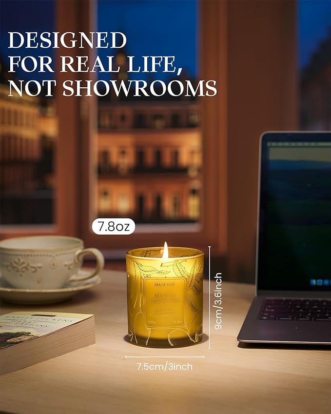 M&SENSE Tea Scented Candles, Vegan Soy Wax, Naturally Scented Mango Green Tea No Toxin 8.1oz Long Lasting 42-Hour Burn Time Relaxing, Aromatherapy, Meditation Candles for Home