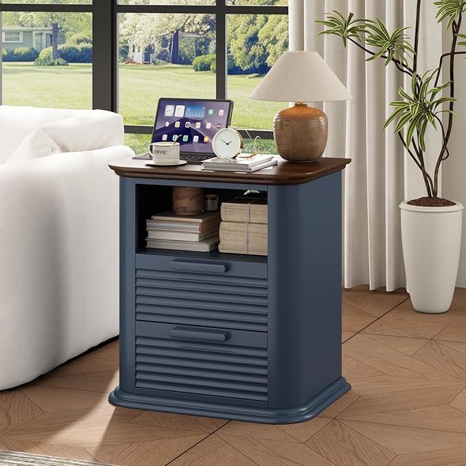 22'' Fluted Nightstand with Charging Station, Modern End Table with 2 Drawers and Open Storage, Wood Night Stand with Round Corner, Side Table for Bedroom, Living Room, Curved Profile,Dark Navy Blue