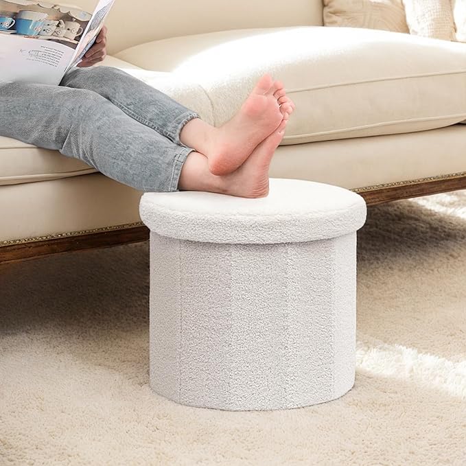 15 Inchs Round Storage Ottoman, Small Foldable Foot Stool with Hidden Storage for Living Room, Bedroom-White
