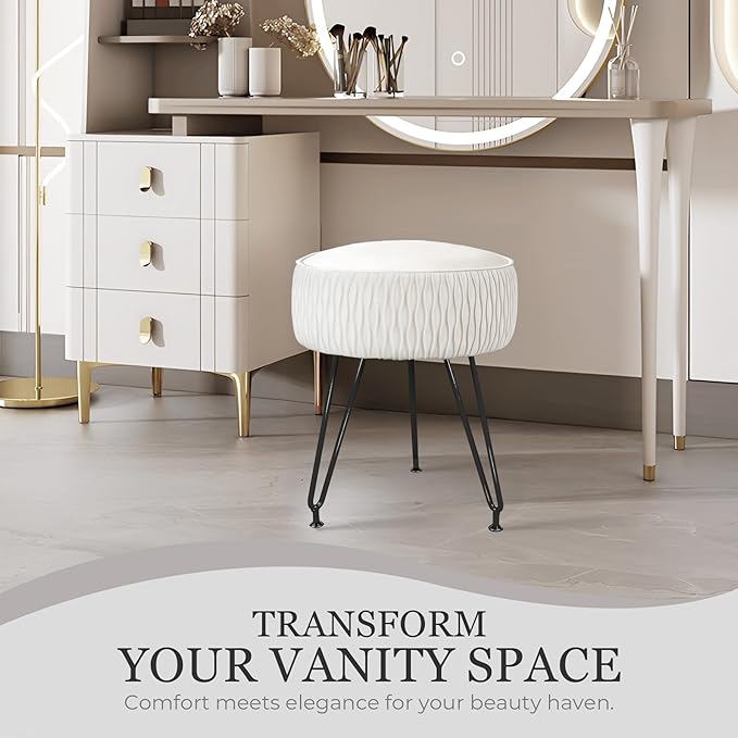 Velvet Vanity Stool Footrests, Round Ottoman Vanity Chairs with Anti-Slip Feet, Dressing Table Seat Foot Stool with Black Legs, Furry Padded Seat Side Table for Makeup Bedroom, White
