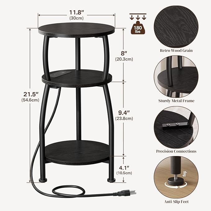 Round Side Table with Power Outlet & USB Ports, 3-Tier End Table with Storage Shelf, Modern Rustic Nightstand, Small Spaces Accent Table for Living Room Bedroom, Easy Assembly, Black