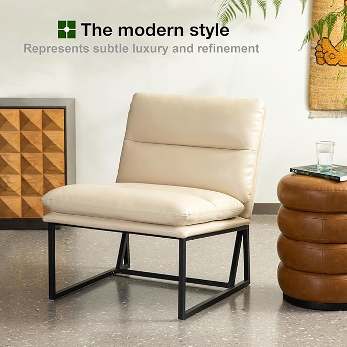 Glitzhome Mid Century Modern Accent Chairs, Set of 2 Beige Thick Leatherette Leisure Chairs with Metal Frame, Upholstered Chairs for Living Room, Bedroom, Home Office