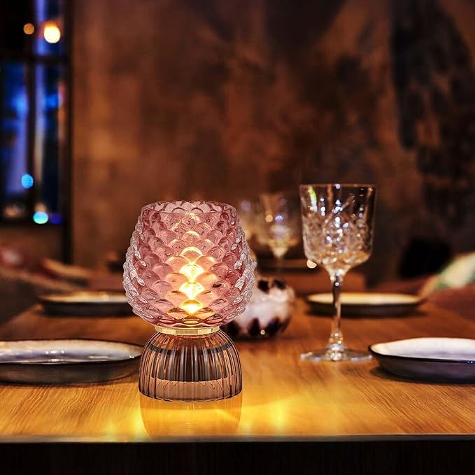 Battery Operated Lamp with Timer, Cute Small Cordless Glass Table Lamp for Home Decor, Kitchen, Bathroom, Birthday Gift for Women, Pinecone, Pink