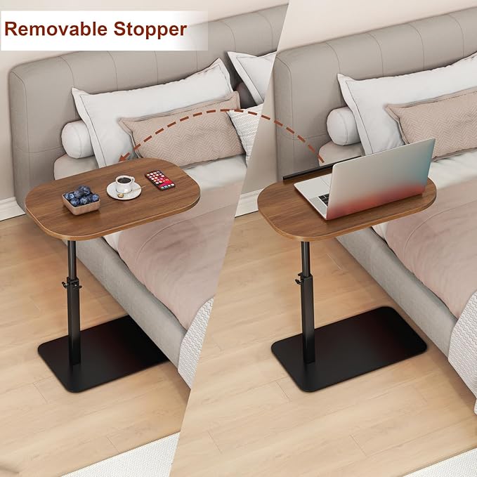 Solid Wood C Shaped Side Table for Sofa/Bed, Adjustable Height C Shaped End Table Metal Base, 360°Swivel/Flip Top Couch Tables That Slide Under, Small Spaces Laptop Stand Coffee Table (Walnut A)