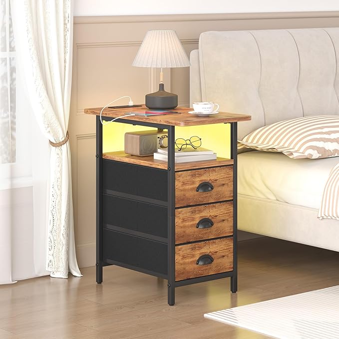 End Table with Charging Station,LED Side Tables with USB Ports and Outlets,Narrow Nightstands Bedside Tables with 3 Fabric Drawers for Small Space,Slim Sofa Table for Livingroom, Rustic Brown