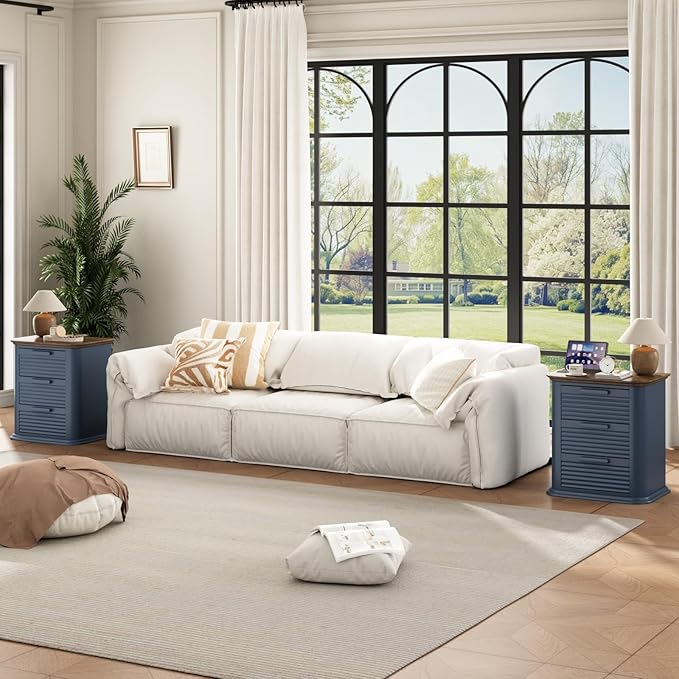 22'' Fluted Nightstand with Charging Station Set of 2, Modern End Table with 3 Drawers and Storage, Wood Side Table Dresser with Round Corner for Bedroom, Living Room, Curved Profile, Dark Navy Blue