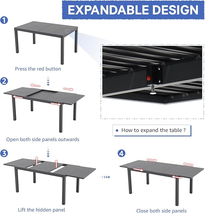 Soleil Jardin Aluminum Patio Extendable Dining Table, 59" - 83", Adjustable Indoor Outdoor Furniture Rectangle Table for 6-8 Person Porch Deck Garden, Dark-Grey
