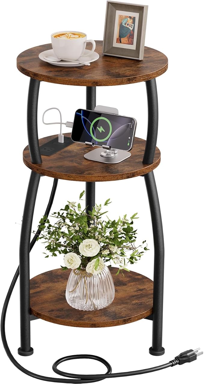 Round Side Table with Power Outlet & USB Ports, 3-Tier End Table with Storage Shelf, Modern Rustic Nightstand, Small Spaces Accent Table for Living Room Bedroom, Easy Assembly, Rustic Brown