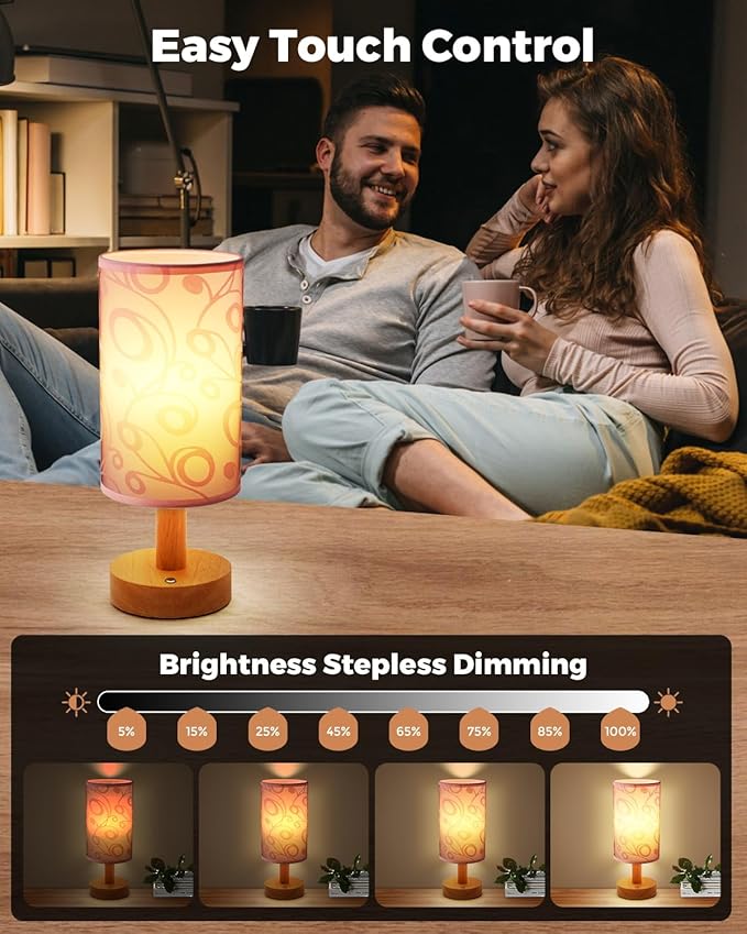 Cordless Table Lamp, 2200mAh Battery Operated Desk Lamp, Touch Bedside Lamps for Night Stands, Warm Light Mini Boho Lamp, Wood Base Round Flaxen Fabric Shade for Living Room,LED Bulb Included (Purple)