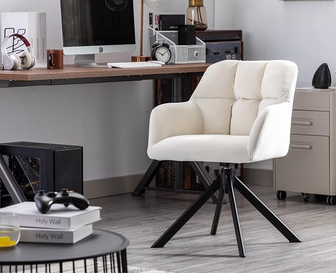 EALSON Comfy Velvet Desk Chair Modern Computer Task Chair no Wheels Swivel Accent Chair with Mid Back Arm Chair for Living Room/Bedroom/Home Office(Beige)