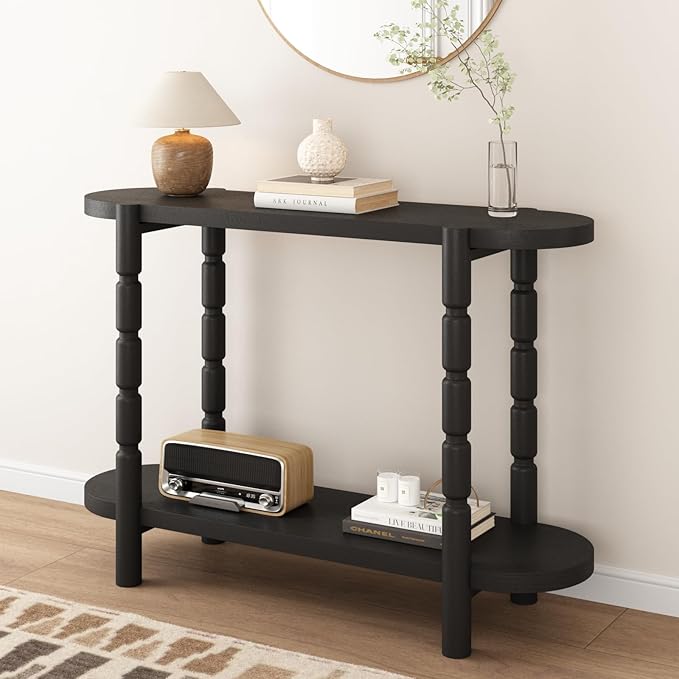 Farmhouse Entryway Table with Storage-43.4" Narrow Console Table with Solid Wood Legs, 2 Tiers Rounded Corners Sofa Tables for Living Room，Hallway, Entrance, Foyer, Black