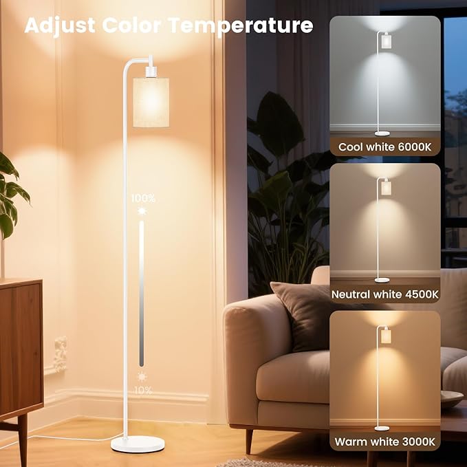 Floor Lamp with Linen Shade, Dimmable Tall Standing Lamp with Remote Control & 3 Color Temperatures, Modern Floor Lamps for Living Room Bedroom Office Corner, 9W LED Bulb Included