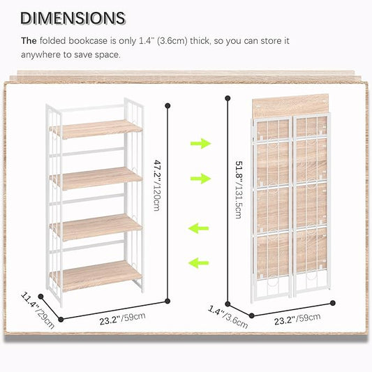 4NM No Assembly 4 Tiers Folding Bookshelf, 47.2" H Foldable Storage Shelves Vintage Bookcase Standing Racks Study Organizer Home Office - Natural White