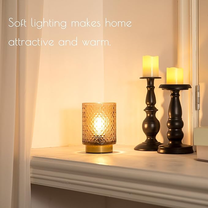 Battery Operated Lamp with Timer, Small Vintage Table Lamp, Glass Cordless Lamps Bedside Battery Lamp for Living Room, Entryway, Shelf Decor Diamond Design-Amber