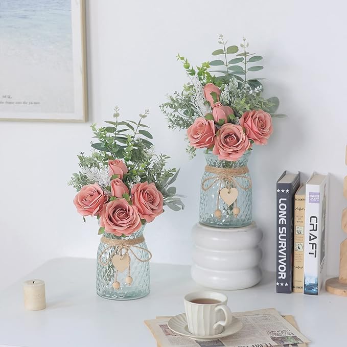 Faux Flowers with Vase,Artificial Silk Roses in Vase, Fake Plant Eucalyptus Flower Arrangement for Home Office Farmhouse Bathroom Dining Table Centerpiece Decorations Coffee Table Decor (Dusty Pink)