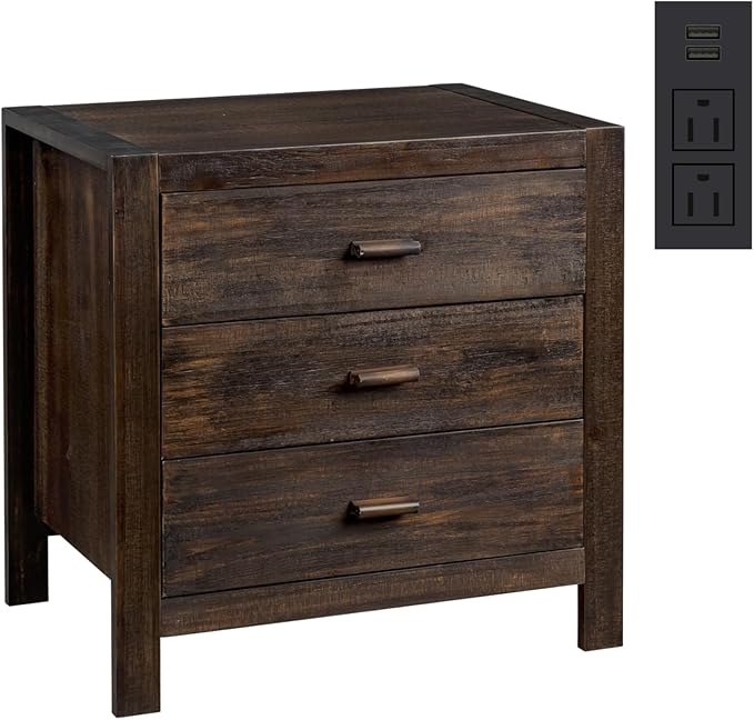 Karl home Nightstand with Charging Station, Farmhouse Nightstand for Bedroom, Pine Wood Night Stand with 3 Drawers, End Table Bedside Table with 2 USB Parts, Living Room, Entry Way, Brown