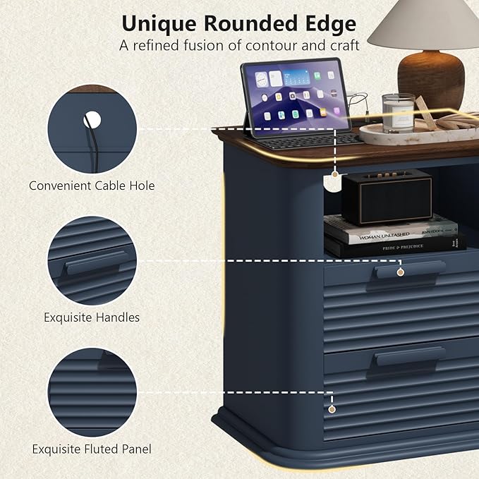 22'' Fluted Nightstand with Charging Station, Modern End Table with 2 Drawers and Open Storage, Wood Night Stand with Round Corner, Side Table for Bedroom, Living Room, Curved Profile,Dark Navy Blue