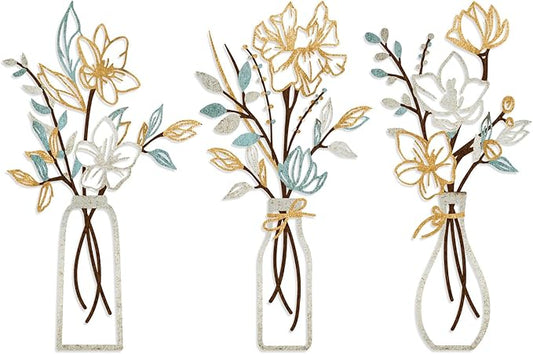 ARTINME 3 Pieces Metal Flowers Wall Arts - Rustic Farmhouse Decor Minimalist Flower Wall Decors for Living room Bathroom Kitchen Bedroom Dining Room - Housewarming Gifts (Beige)