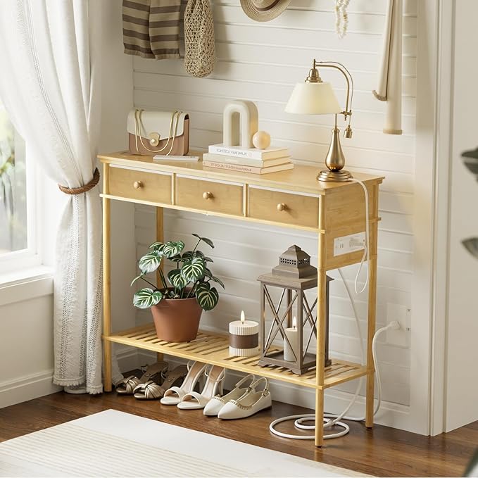 Entryway Table Sofa Console Table, Bamboo Small Entry Way Table with Drawers Storage and Power Outlets for Living Room, Hallway, Foyer, Entrance