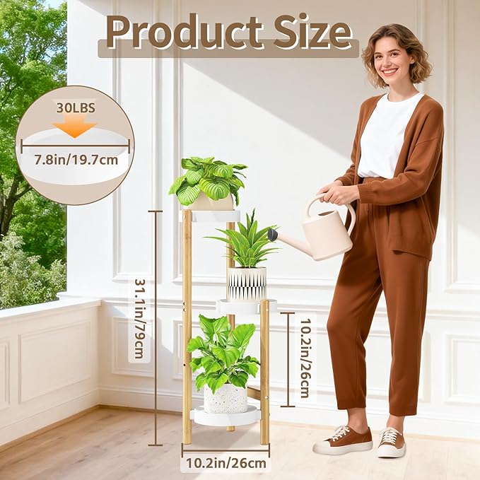 LASZOLA Bamboo White 3 Tier Heavy Duty Plant Stand Indoor, Tall Multiple Level Vertical Planter Rack for Modern Narrow Corner, Slim Spiral Flower Holder Organizer Display for House Decor, Plastic Tray