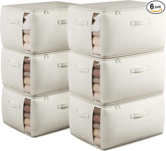 Large Canvas Clothes Storage Bags with Thick Handles and Clear Window, Foldable Cotton Linen Closet Organizer for Clothing, Blankets and Bedding, 70L, 6 Pack, Beige