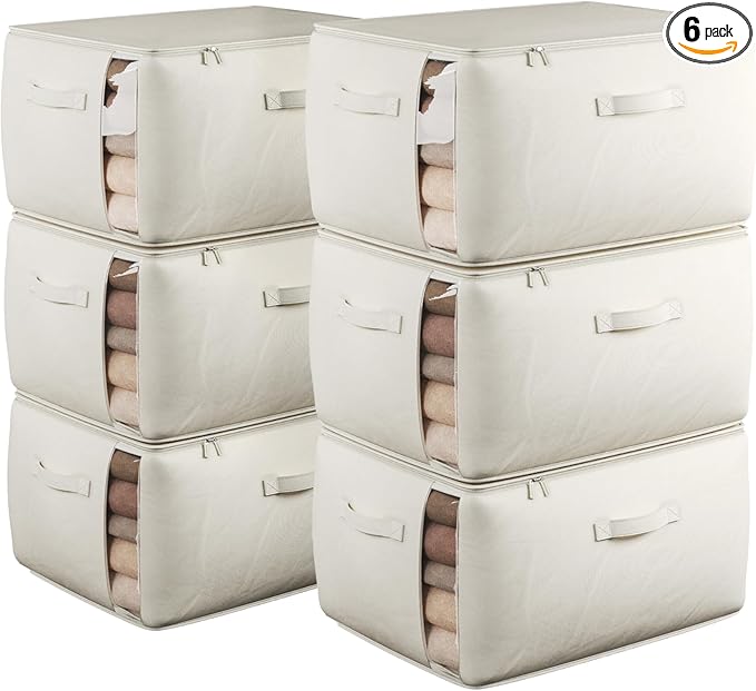 Large Canvas Clothes Storage Bags with Thick Handles and Clear Window, Foldable Cotton Linen Underbed Closet Organizer for Clothing, Blankets and Bedding, 60L, 6 Pack, Beige