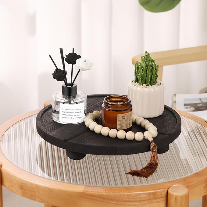 12'' Round Wooden Tray Pedestal Stand, Farmhouse Bathroom Decor Riser for Soap Dispenser, Perfume, Candle, 12'', Matte Black