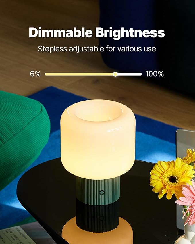 Halo Mushroom Lamp, 5W Cute Cordless Rechargeable Table Lamp with Glass Shade, 3 Color Temps LED Dimmable Ambient Lighting, Small Retro Touch Bedside Light for Bedroom Decor, Vintage Green