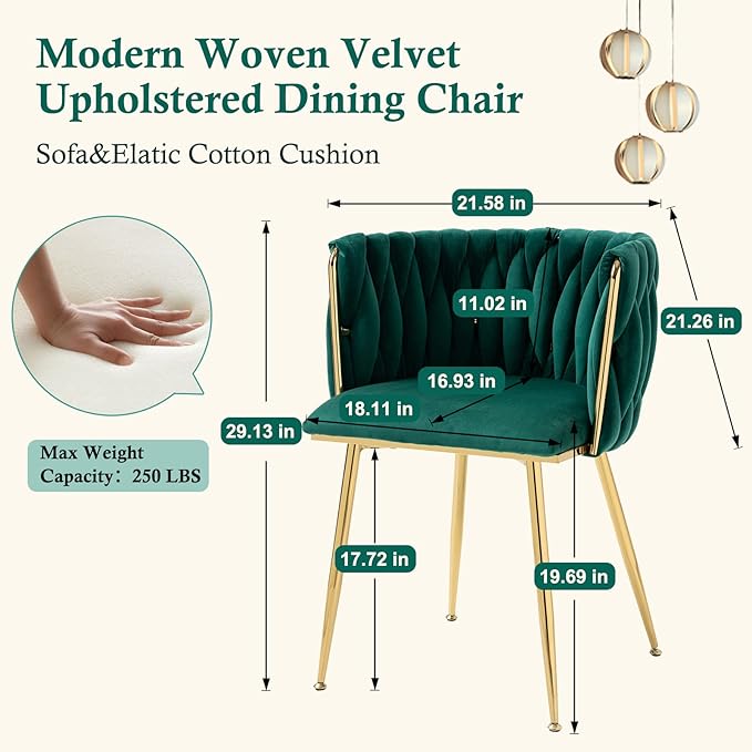 NIOIIKIT Modern Velvet Dining Chairs Hand Weaving Accent Chairs Living Room Chairs Upholstered Side Chair with Golden Metal Legs for Dining Room Kitchen Vanity Living Room (Emerald)