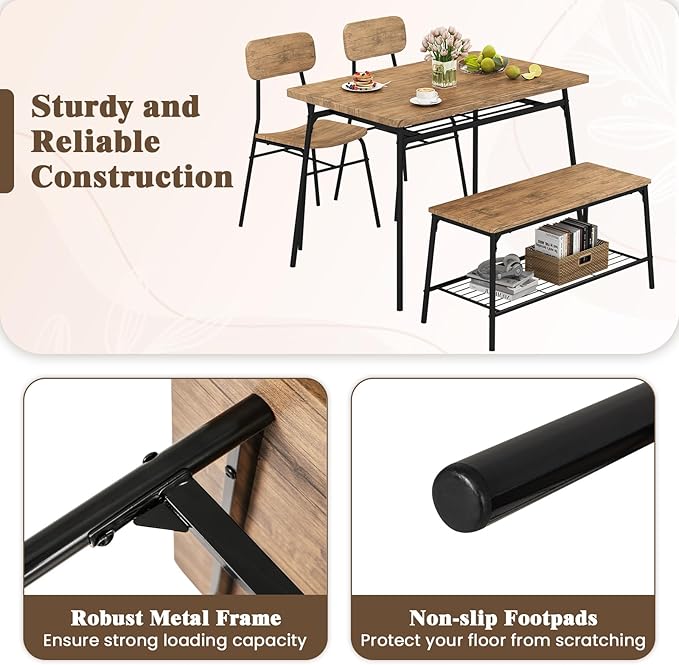 GOFLAME 4-Piece Dining Table Set for 4, Industrial Rectangular Kitchen Table with Bench and 2 Chairs, Storage Racks, Metal Frame, Space-Saving Dinette Set for Dining Room, Living Room, Breakfast Nook