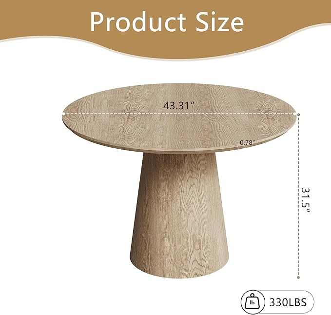 Round Dining Table for 4, 43'' Modern Wooden Pedestal Table, Farmhouse Kitchen Table, Minimalist Round Table Circle Dining Tables for Living Room & Dining Room