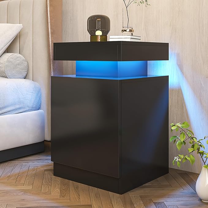 oneinmil Nightstand Set of 2 with LED Lights,Night Stand with Storage Cabinet for Bedroom,Bedside Table with LED, Black