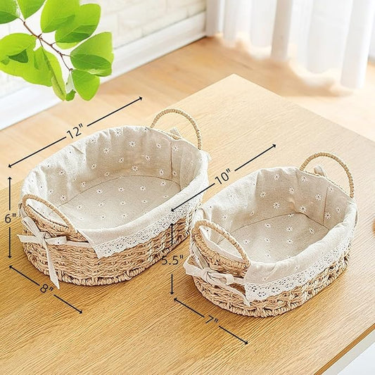 GIB Small Wicker Storage Baskets for Organizing, Decorative Woven Baskets with Handles & Liners, Boho Paper Rope Serving Baskets Trays for Shelves & Gifts, Set of 2