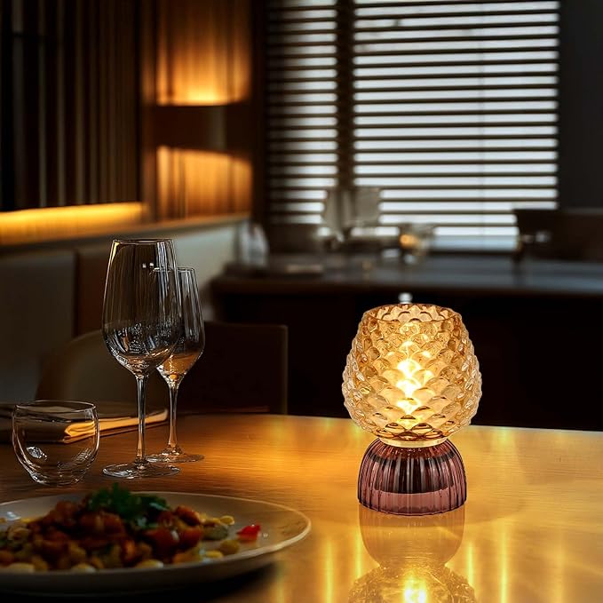 Battery Operated Lamp with Timer, Cute Small Cordless Glass Table Lamp for Home Decor, Kitchen, Bathroom, Birthday Gift for Women, Pinecone, Amber