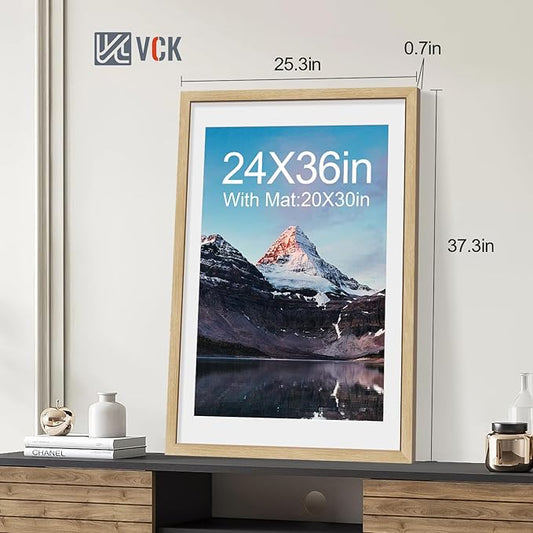 VCK 24x36 Poster Frame 2 Pack - Natural Oak, High-End Wood Picture Frames with Polished Plexiglass, Display 20x30 Photo with Mat or 24x36 without Mat, Art Gallery-Quality, Wall Hanging, Natural Oak