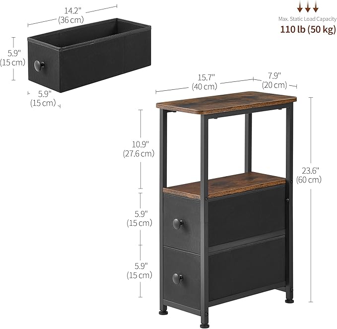 End Table, Narrow Side Table with 2 Fabric Drawers, Slim Nightstand, Small Bedside Table with Storage, Living Room, Bedroom, Rustic Brown HKET1200BR