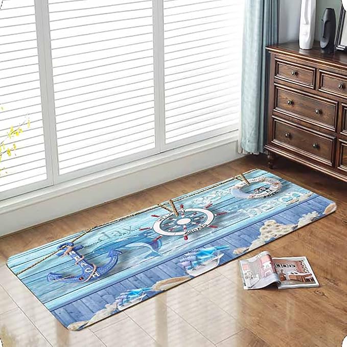 Bath Rugs Sponge Foam Absorbent Soft for Bathroom and Kitchen (71 x 24 inches), Flannel Mat Non Slip Bright 3D Print for Bedside and Living Room(Nautical Anchor Helmsman)